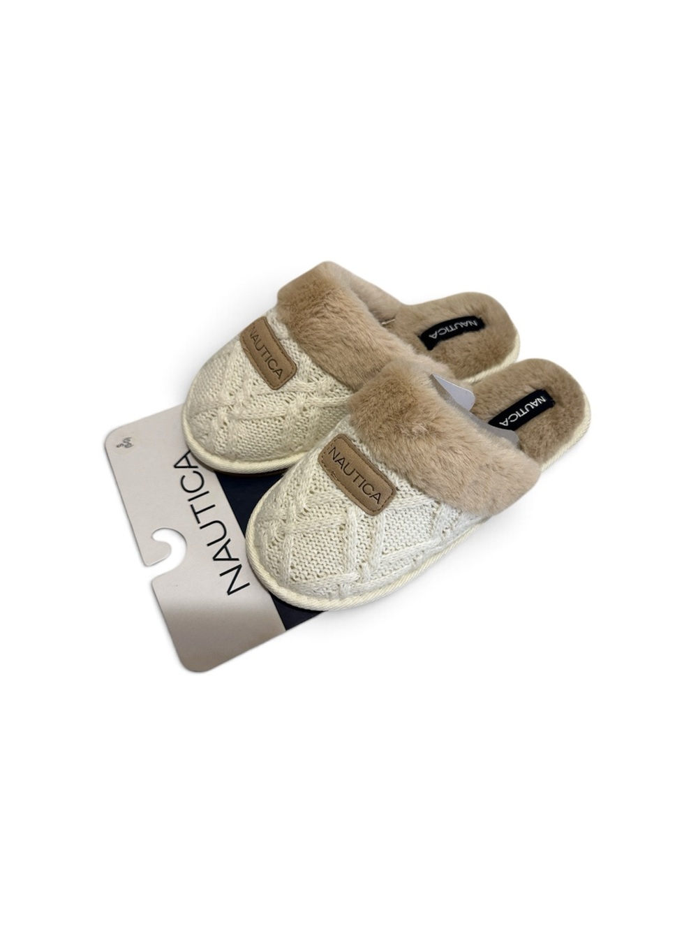 Nautica Cream Knit Slip-On Slippers with Tan Faux-Fur Trim